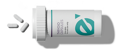 Two prescription bottles labeled Progesterone Tablets and Thyroid Capsules with tablets scattered beside them on a light background.