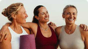 card image: Group of active women laughing together after exercise, symbolising perimenopause and menopause relief for hot flashes, night sweats, and hormone imbalance.
