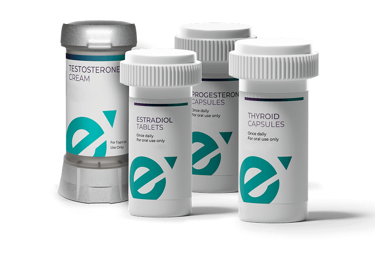 Fem Excel prescription bottles labeled Testosterone Cream, Estradiol Tablets, Progesterone Capsules, and Thyroid Capsules.
