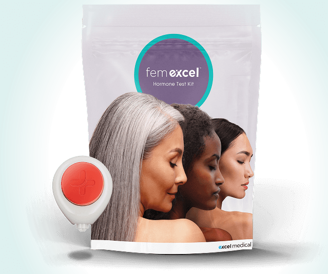 Fem Excel at-home hormone test kit with Tasso device shown beside the packaging, representing easy, accurate hormone testing for personalized treatment and progress monitoring.