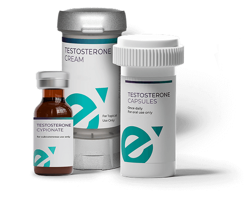 Three forms of testosterone medication: an injectable vial, a topical cream, and oral capsules.