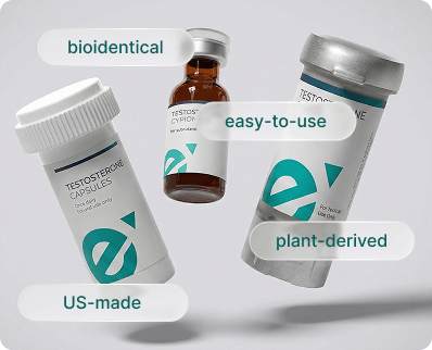 Three testosterone products floating: oral capsules, an injectable vial, and a topical cream dispenser.