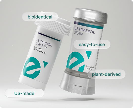Two forms of Estradiol medication: a topical cream and oral Tablets.