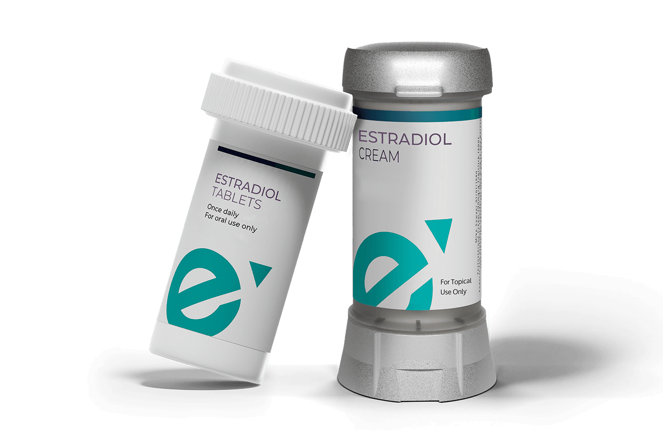 Two forms of Estradiol medication: a topical cream and oral Tablets.