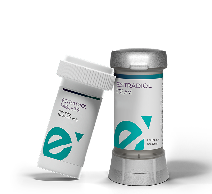 Two forms of Estradiol medication: a topical cream and oral Tablets.