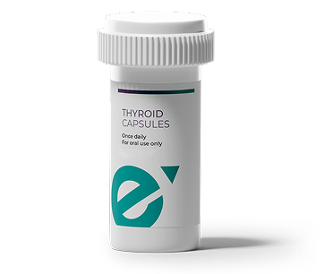 White Thyroid bottle labeled Capsules, once daily, for oral use only, with a teal 'e' logo.