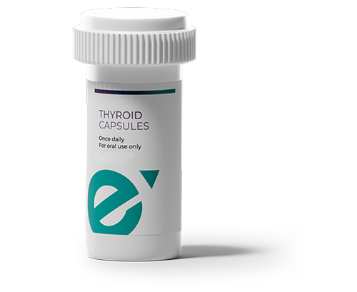 White Thyroid bottle labeled Capsules, once daily, for oral use only, with a teal 'e' logo.