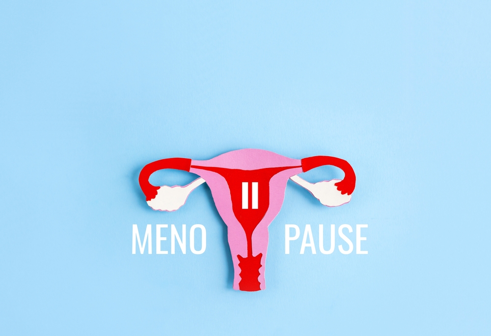 Paper application of the uterus from colored cardboard and word Menopause on blue background Paper application of the uterus from colored cardboard and word Menopause on blue background
