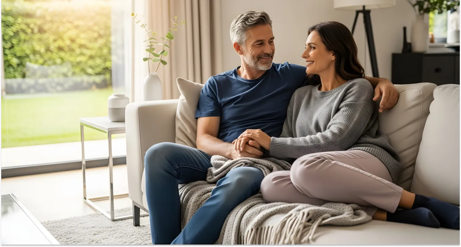 A couple sitting together on a sofa at home, illustrating ways women can increase libido through hormone balance, health, and intimacy