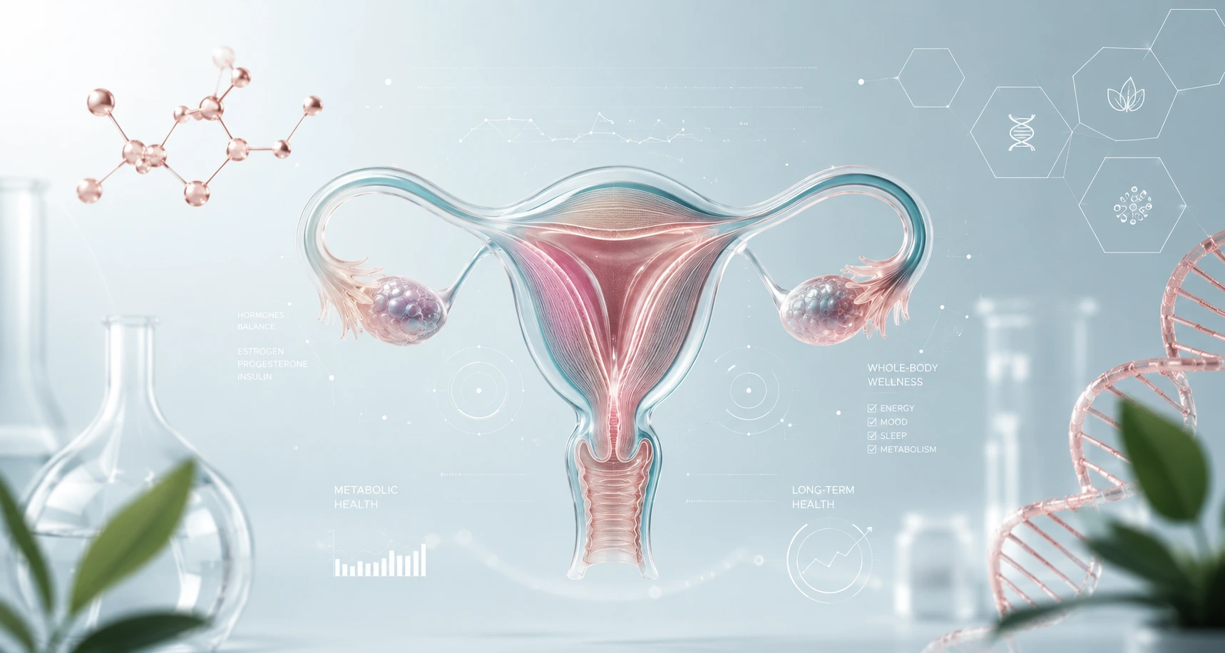 Modern medical illustration representing PMOS with a detailed female reproductive system, hormone pathways, metabolic health graphics, and scientific healthcare visuals.